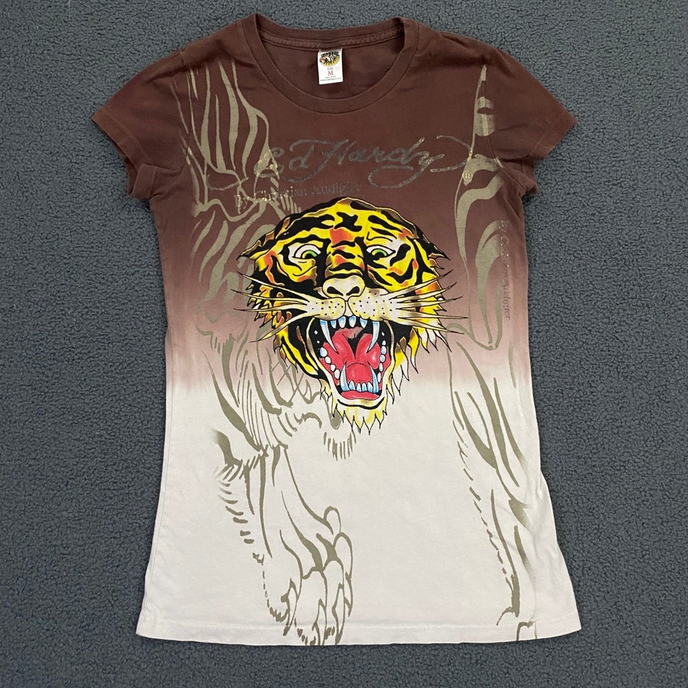 Ed Hardy Graphic T-Shirt Women Medium Brown Tiger Eagle Tattoo Y2K Baby Tee